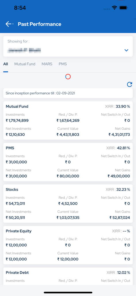 Detailed portfolio performance report in the NJ E-Wealth app showing investments and gains across mutual funds and stocks