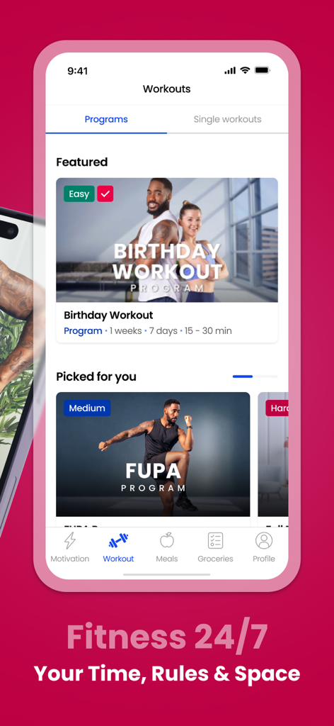 ML.Fitness Workout For Women - ML.Fitness app screenshot showing various workout programs including a birthday workout and a fupa reduction plan