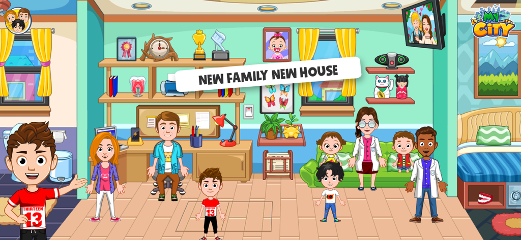 Cartoon characters inside the dentist family home in My City Dentist Visit