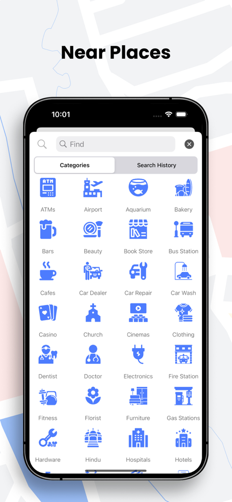 QuickNav Gps Map Navigation - QuickNav app interface showing a list of nearby place categories like ATMs, gas stations, and hospitals