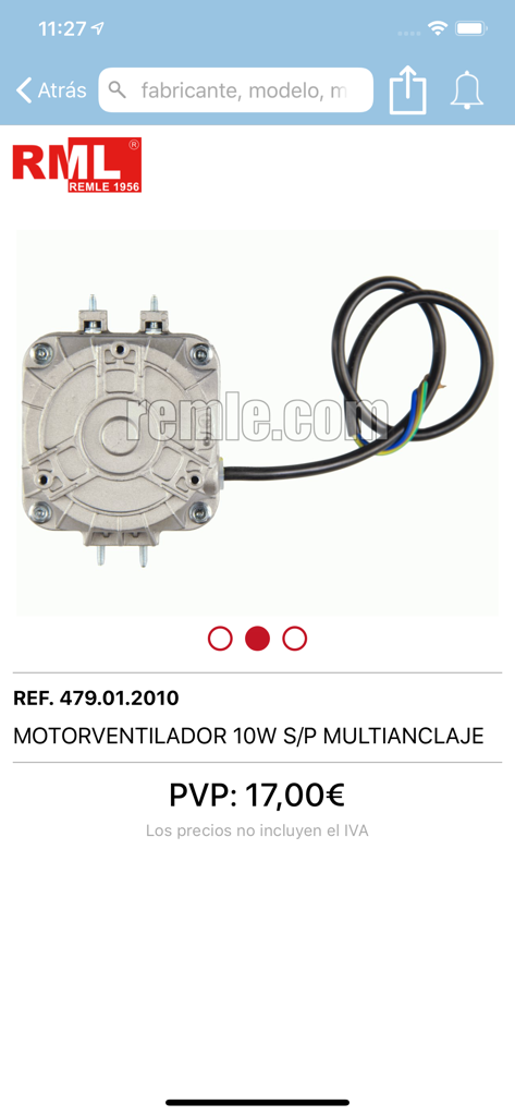 REMLE app display showing a 10W motor fan for appliance repair with technical reference and price