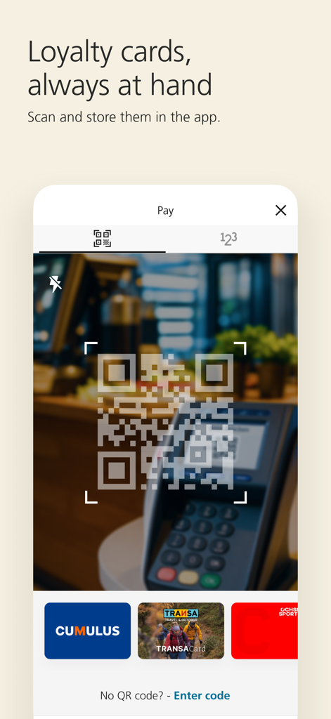 UBS TWINT app screen for scanning and storing digital loyalty cards.