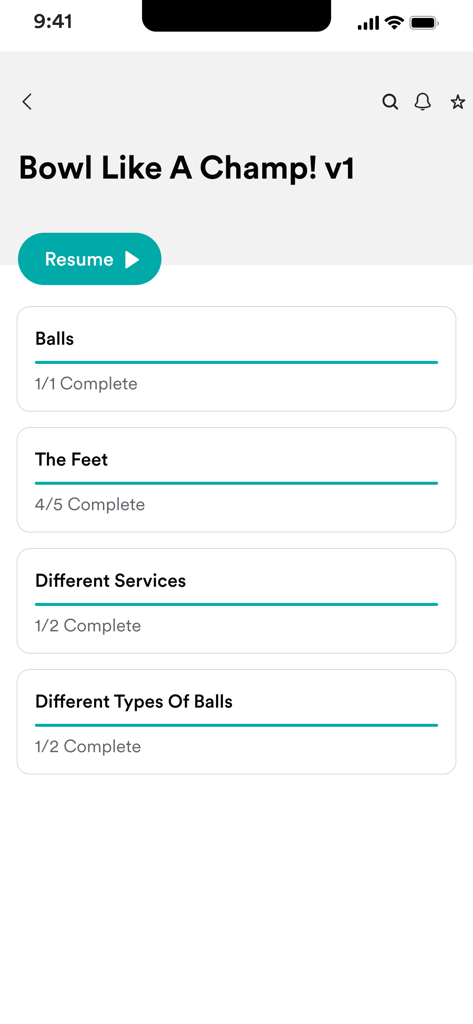 HowToBowl - HowToBowl app screen showing instructional modules like Balls and The Feet with progress indicators