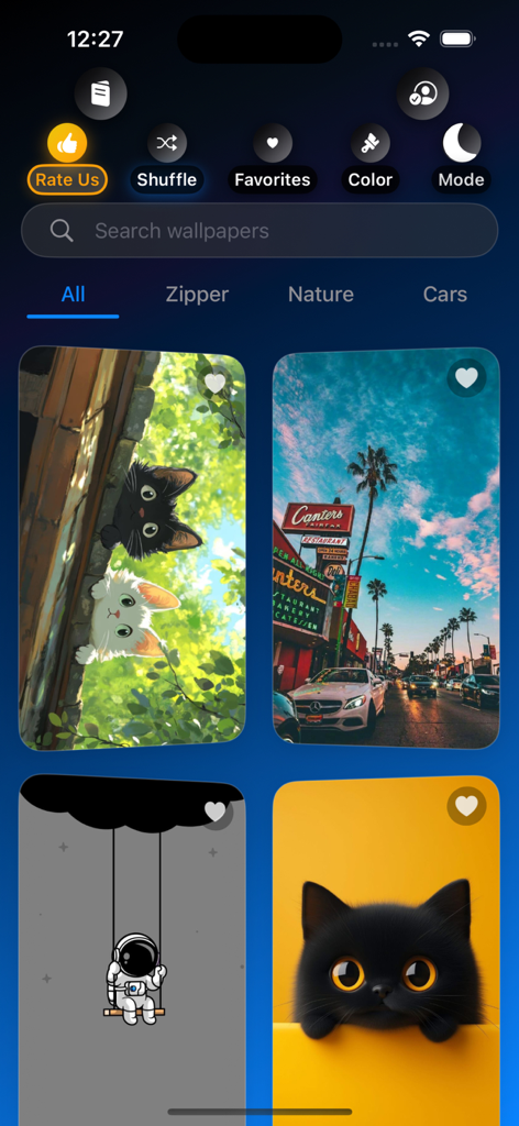 Zipper Lock Screen & Wallpaper - Interfaz de la aplicación Fondo de Pantalla y Bloqueo con Cremallera mostrando varias opciones de fondos de pantalla HD, incluyendo gatos y paisajes urbanos