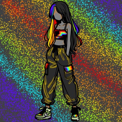 girl in baggy pants crop top and long hair