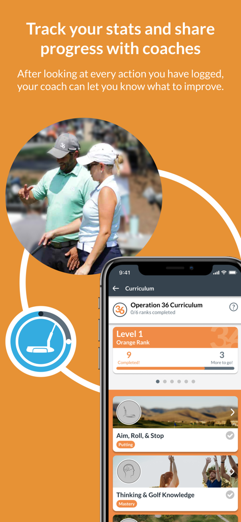 Op 36 Golf - Operation 36 Golf app curriculum screen showing Level 1 progress and coaching features