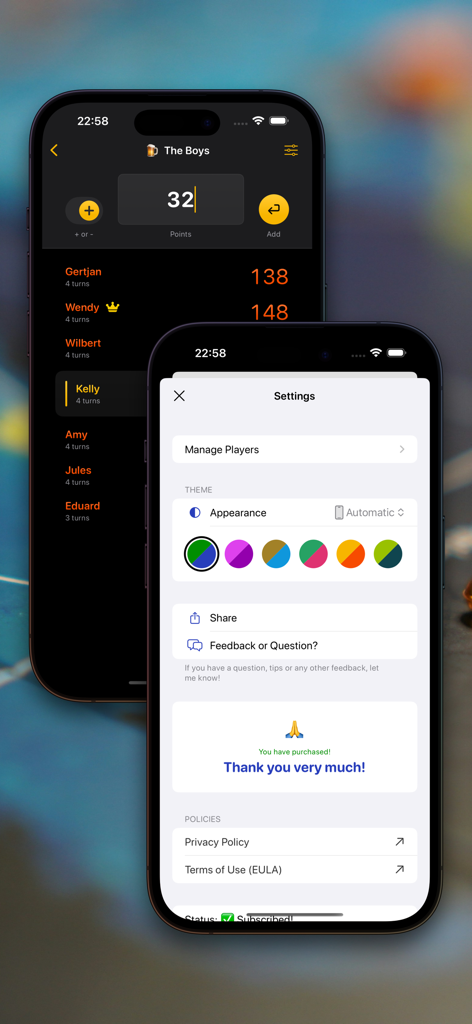 Game Score Tracker & Counter - Scoreboard app interface showing player points and theme settings