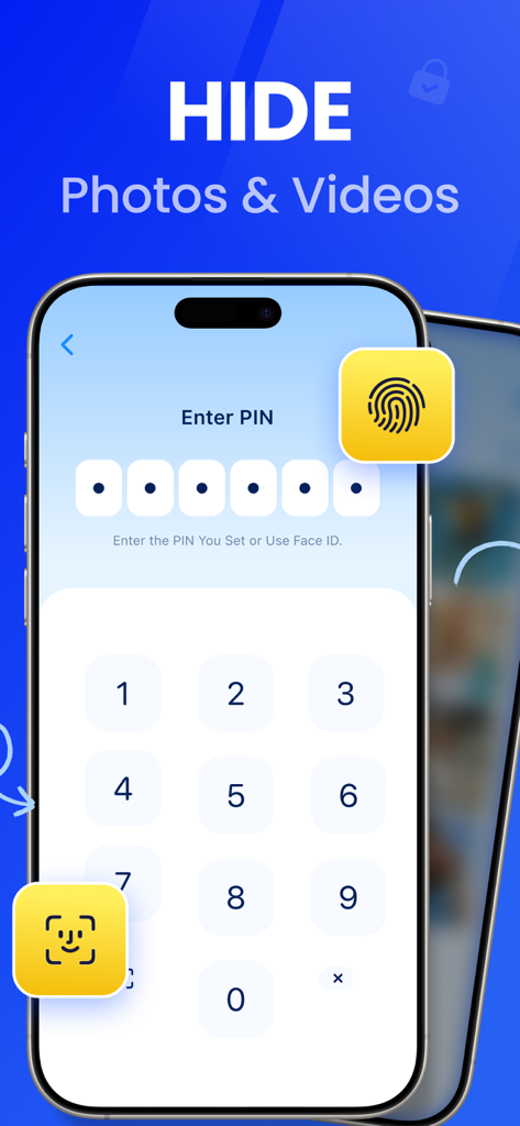 CleanCraft: Clean Up Storage - CleanCraftアプリのインターフェース。PINまたはFace IDを使用して写真や動画を非表示にするプライバシーロッカー機能が表示されています。