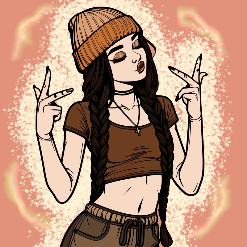 realistic teenage girl with braids and a beanie and crop top doing 🫶🏼