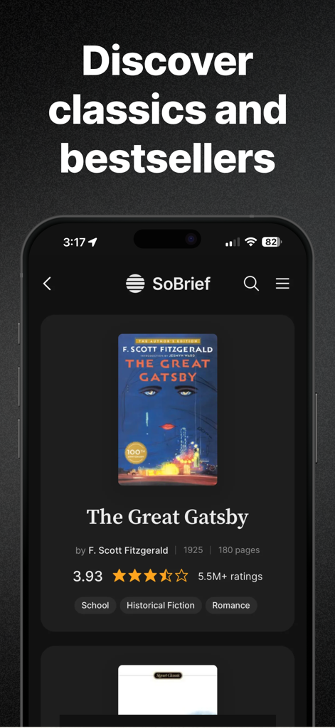 Interfaccia mobile dell'app SoBrief che mostra un riassunto del classico libro Il Grande Gatsby.