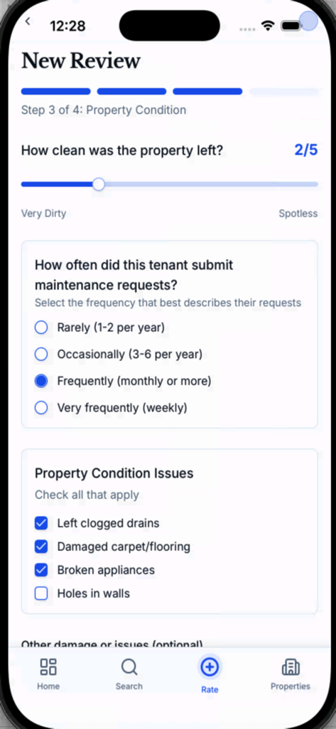 TenantTrust for Landlords - TenantTrust for Landlords app interface showing a step-by-step tenant review form for property condition with ratings for cleanliness and maintenance requests.