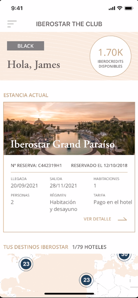 Iberostar The Club - Iberostar The Club mobile app interface showing member loyalty credits and current resort reservation details.