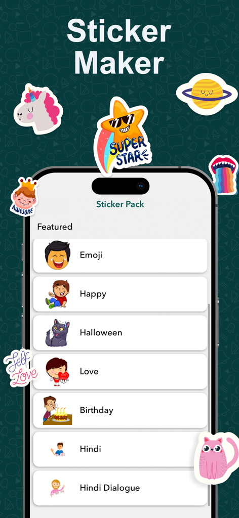 Interface of the Sticker Maker feature in Whats Tracker app showing various sticker pack categories like Emoji and Love.