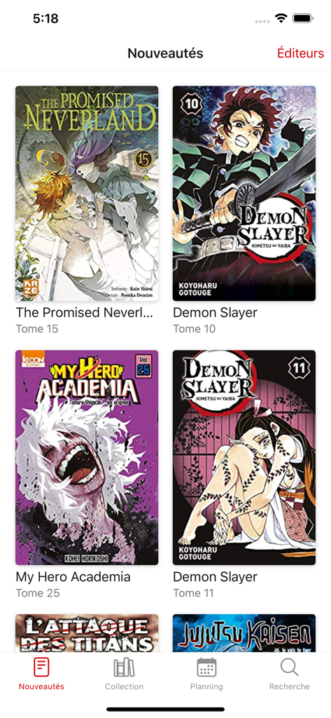 Interfaz de la aplicación Mangacollec que muestra los lanzamientos de nuevos tomos de manga como Demon Slayer y My Hero Academia