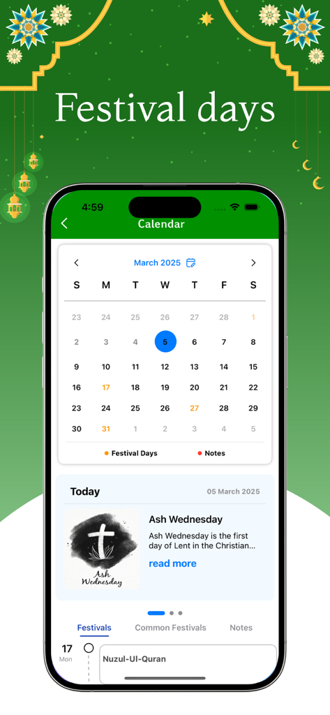Al Quran - Read Qur'an Offline - Interface of the Al Quran app showing a calendar with religious festival days and notes