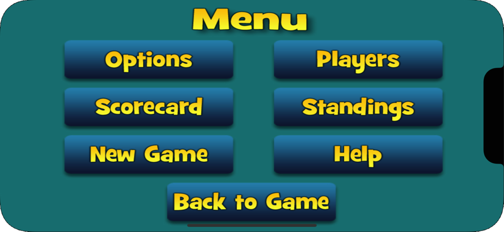 Chickenfoot Dominoes - Menú principal del juego Chickenfoot Dominoes con botones grandes para Opciones, Jugadores, Marcador y Juego Nuevo.