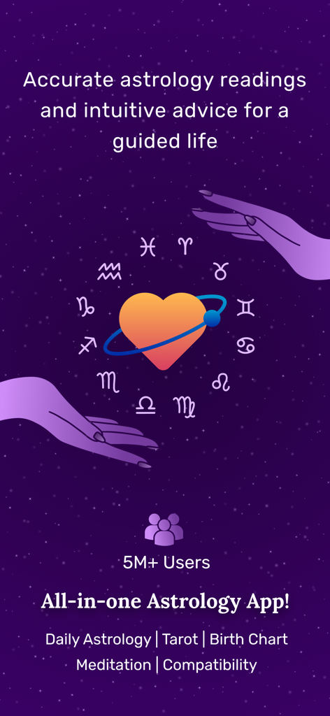 Daily Horoscope app home screen featuring zodiac signs around a heart and the tagline All in one Astrology App
