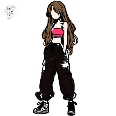 girl in baggy pants crop top and long hair