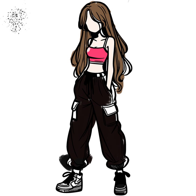 girl in baggy pants crop top and long hair