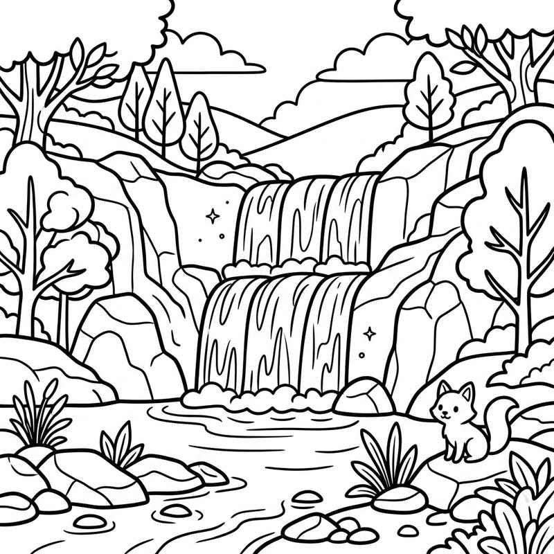 Embark on a creative journey with this delightful coloring page featuring an ephemeral waterfall cascading through a charming natural landscape. Perfect for young artists, this scene includes a curious little fox observing the serene waters.