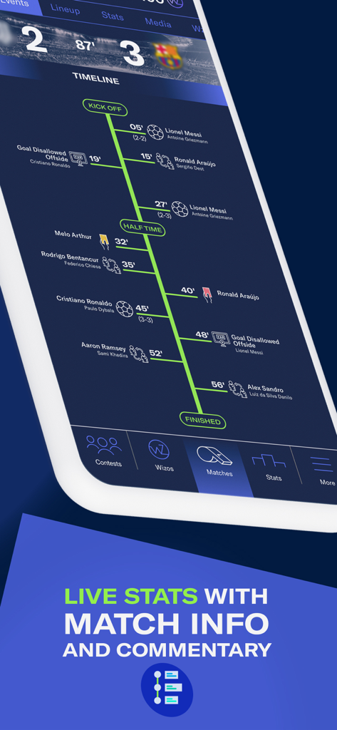 Football Wizard. Predict & Win - Um smartphone exibindo uma linha do tempo e estatísticas de uma partida de futebol ao vivo no aplicativo Football Wizard.