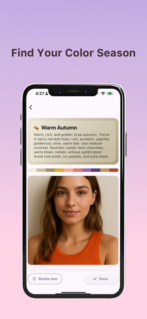 A mobile app interface showing a 12-season color analysis result identifying a user as a Warm Autumn.