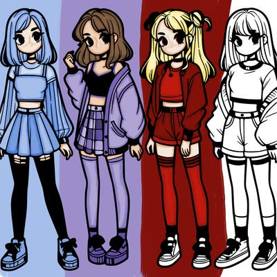 one girl with crop-top shirt and a jacket with a skirt, long socks and another girl with a shirt and pants with a jacket