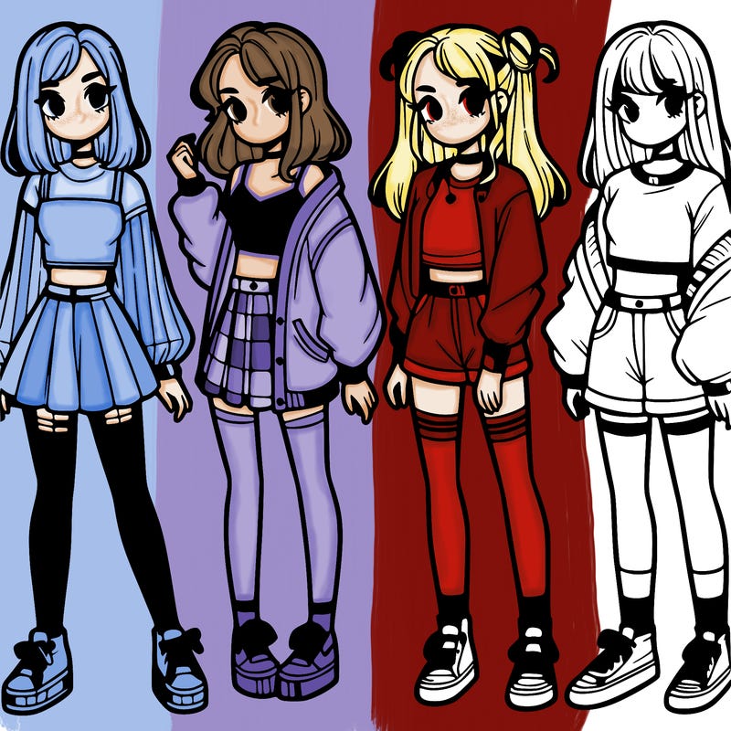 one girl with crop-top shirt and a jacket with a skirt, long socks and another girl with a shirt and pants with a jacket