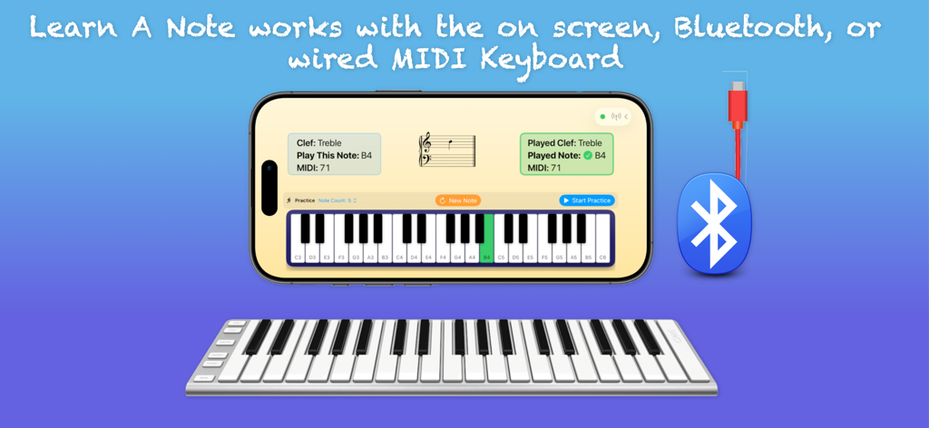 Learn A Note: Note Practice - Aplicativo Learn A Note mostrando conectividade de teclado MIDI Bluetooth e com fio para prática de piano