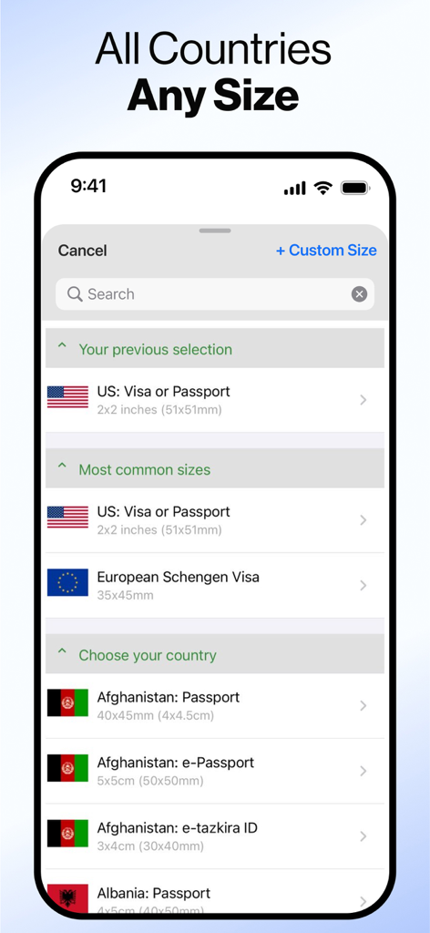 Interface mostrando uma lista de requisitos de tamanho de foto para passaportes e vistos internacionais por país