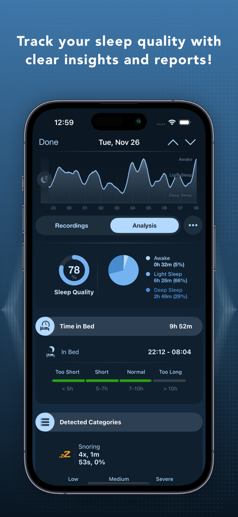 Prime Sleep Recorder Pro analysis report showing sleep quality and snoring data