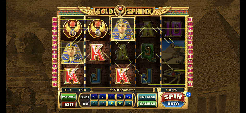 LiveGames Slots - Gameplay screen of Gold Sphinx slot machine featuring Egyptian symbols and win notification