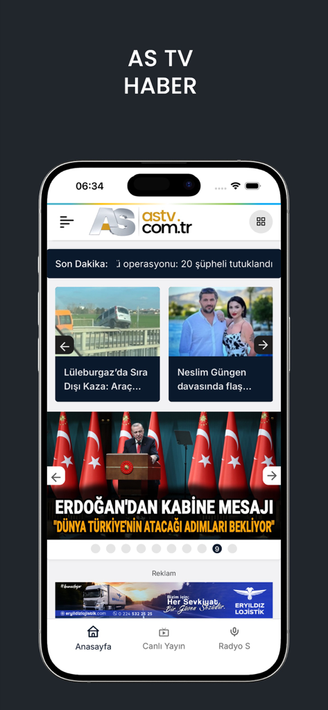 AS TV HABER - Schermata principale dell'app AS TV HABER che mostra titoli di notizie turche e opzioni di diretta su un iPhone