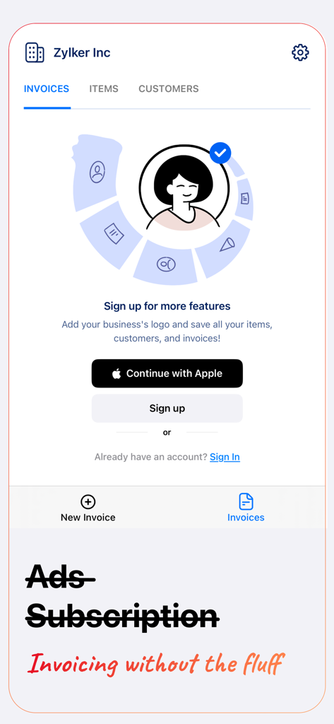 Sign up screen for Zoho Invoice Generator app with options to sign in with Apple and descriptive business icons