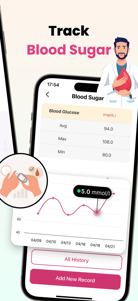 A mobile interface for tracking blood sugar levels showing glucose data averages and trend charts.