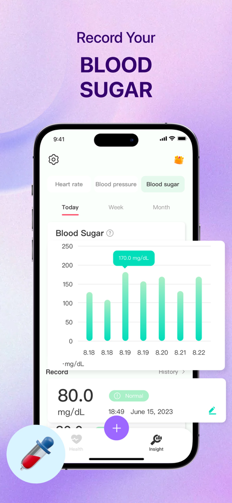 Blood Pressure: Healthy Life - Interfaz de la aplicación Presión Arterial Vida Saludable que muestra un gráfico de barras para el seguimiento de los niveles de azúcar en sangre y los registros diarios.