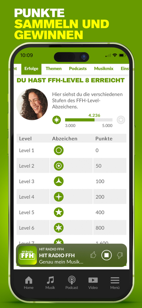 HIT RADIO FFH app screen showing user levels and rewards program