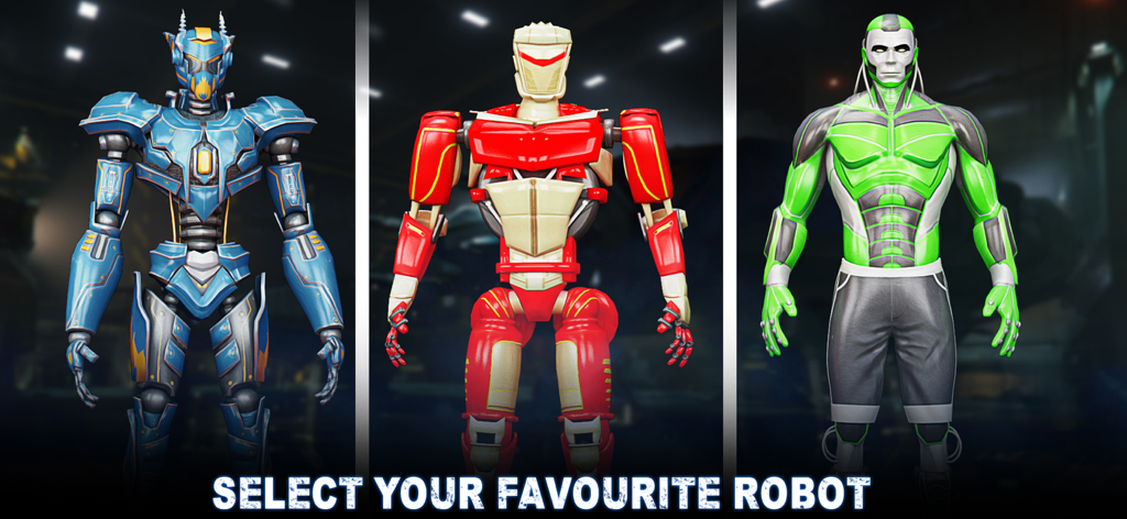 Real Robot Boxing : Macarena - A robot selection screen displaying three different mecha fighters in blue red and green colors.