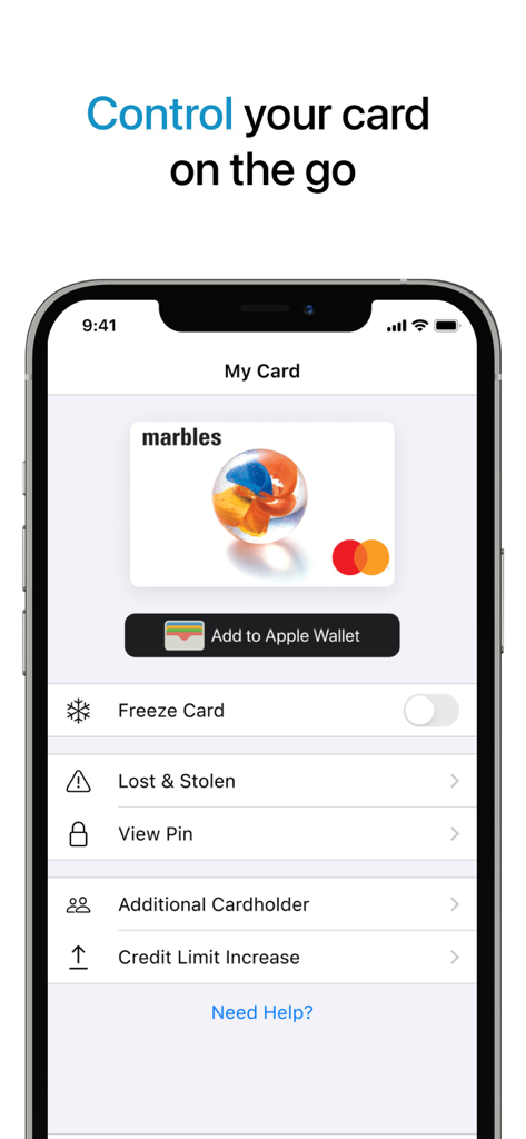 marbles card - Mobile app screen for Marbles credit card showing card management options like freeze card and apple wallet integration