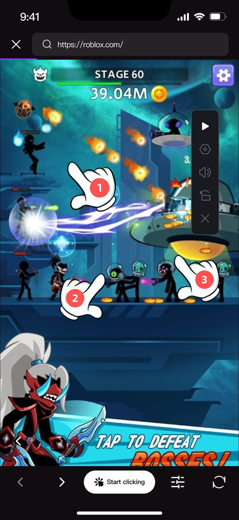 Interfaz de la aplicación Auto Clicker que muestra tres puntos de toque automatizados en un juego móvil