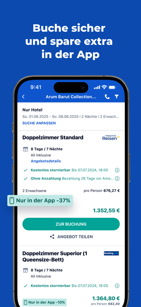 HolidayCheck - Travel & Hotels - Captura de pantalla de la aplicación móvil HolidayCheck que muestra opciones de habitaciones y descuentos exclusivos de reserva en la aplicación
