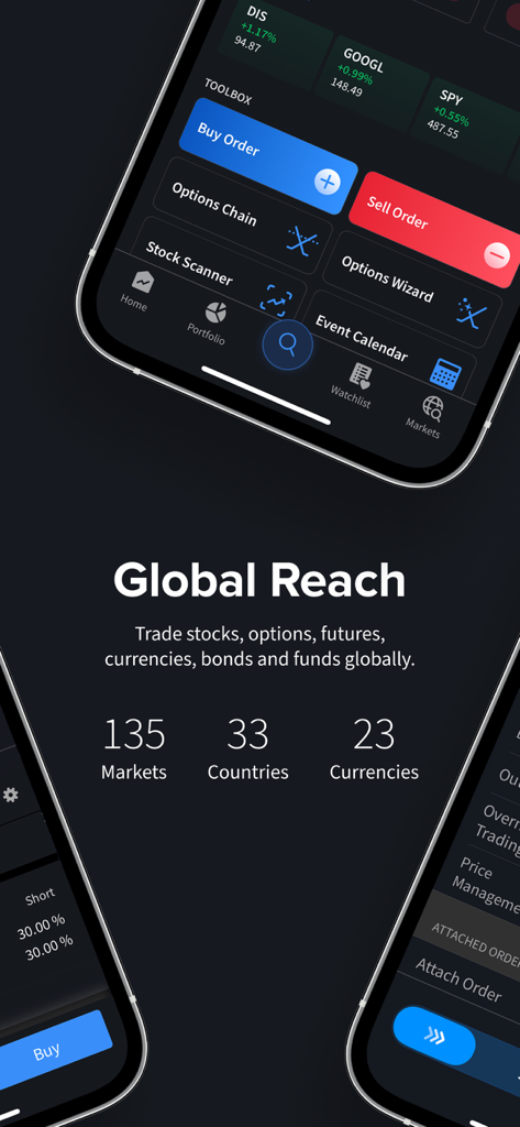 IBKR Mobile - Invest Worldwide - Interfaz de la aplicación IBKR Mobile que muestra acceso a 135 mercados y 33 países para trading global.