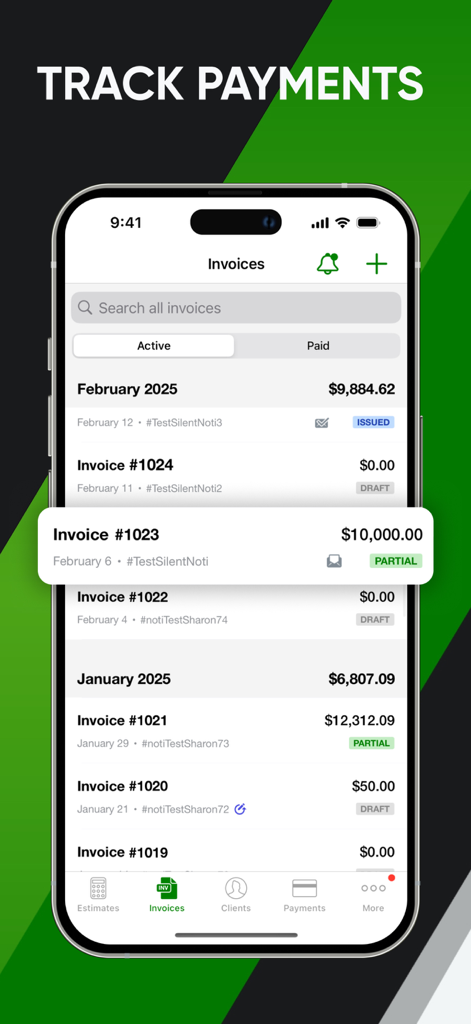 Joist: Estimate Invoice Maker - Joist app mobile interface displaying a list of tracked contractor invoices and payment statuses