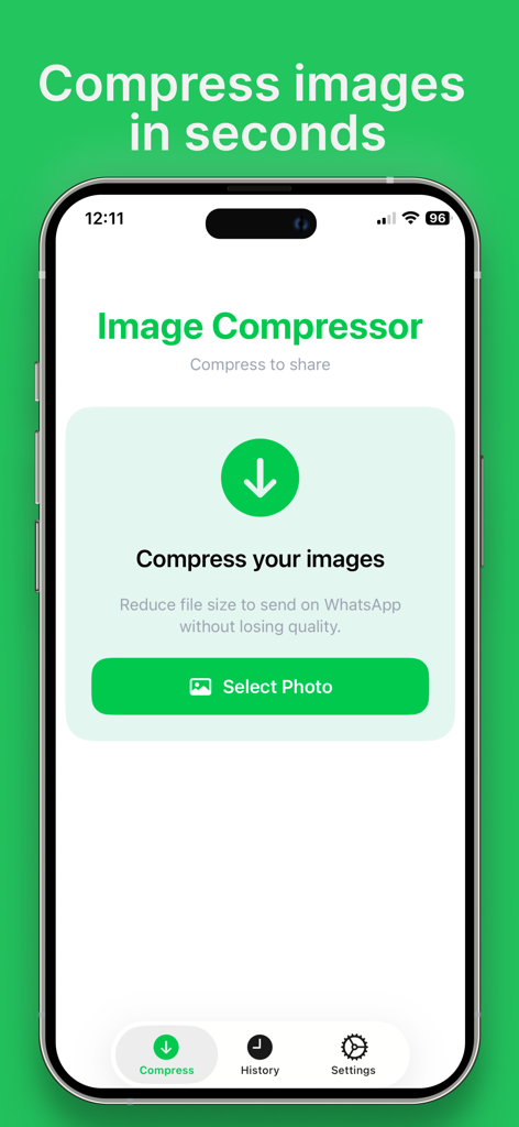 Image Compressor: Pro - The main screen of the Image Compressor Pro app on an iPhone showing the option to select a photo for compression.