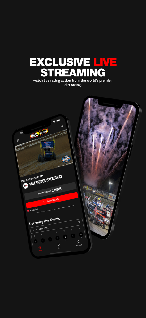 DIRTVision - DIRTVision mobile app display showing exclusive live streaming of dirt racing and race schedules.