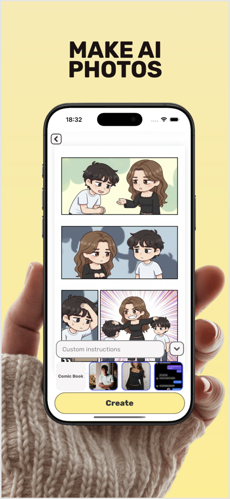 Delulu Ai - Relationship App - Una interfaz móvil de la aplicación Delulu AI que muestra una función para crear fotos generadas por IA en estilo de cómic basadas en recuerdos de relaciones.