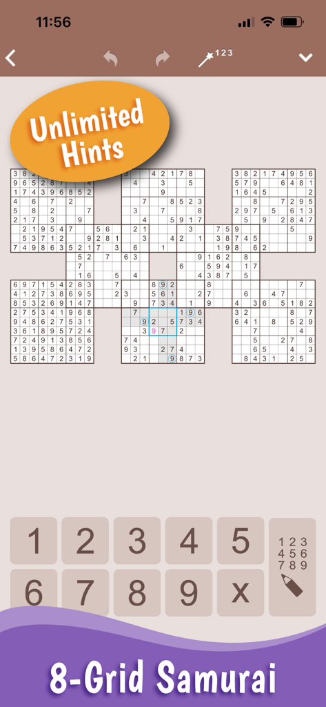 MultiSudoku: Samurai Sudoku - Une interface de puzzle Sudoku Samurai complexe à 8 grilles avec un badge d'indices illimités et un pavé numérique.