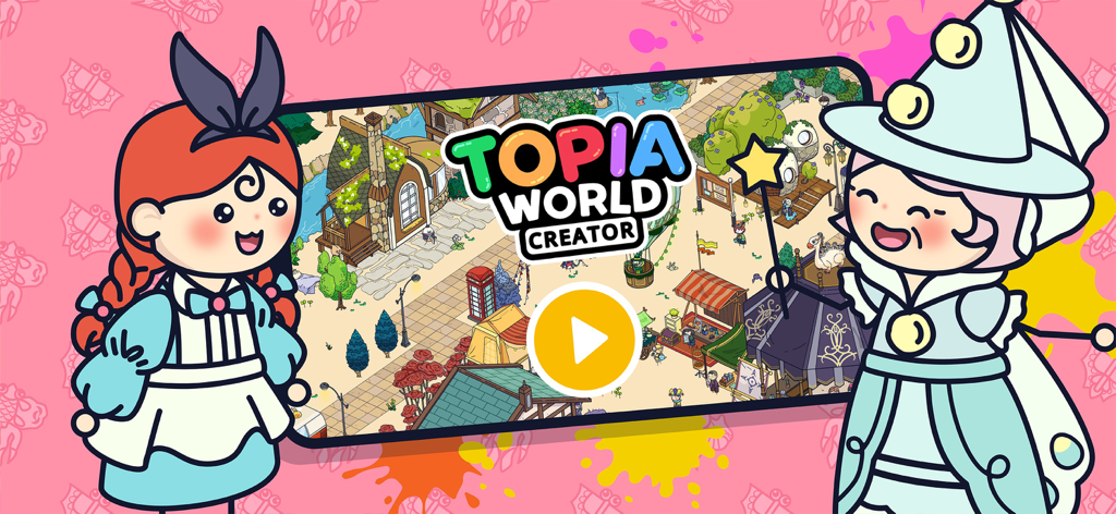 Menu principale del gioco Topia World Creator con simpatici personaggi dei cartoni animati e un paesaggio cittadino di costruzione del mondo