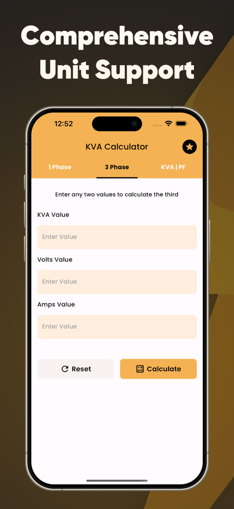 Interfaccia dell'app Calcolatore kVA 2025 che mostra campi di calcolo della potenza trifase e supporto completo per le unità.