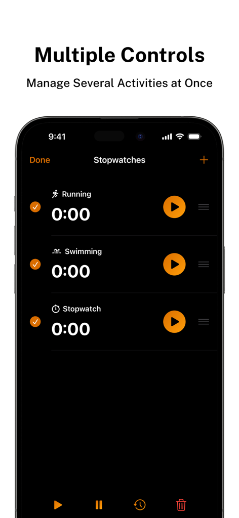 Timeris - Multi Timer Widgets - Timeris app dashboard managing multiple stopwatches for running and swimming simultaneously